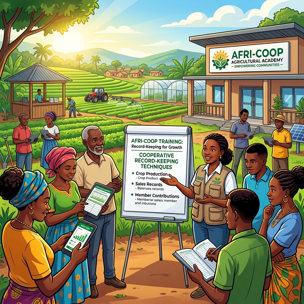 A local agriculture image from Epe/Lagos: mixed farming, aquaculture, vegetables, cassava, poultry, fish ponds, cooperative farmers or produce movement.