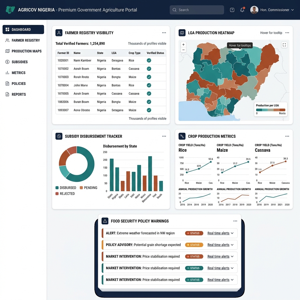 AgricTrail Government dashboard showing farmer registry visibility, program monitoring, subsidy tracking and policy intelligence.