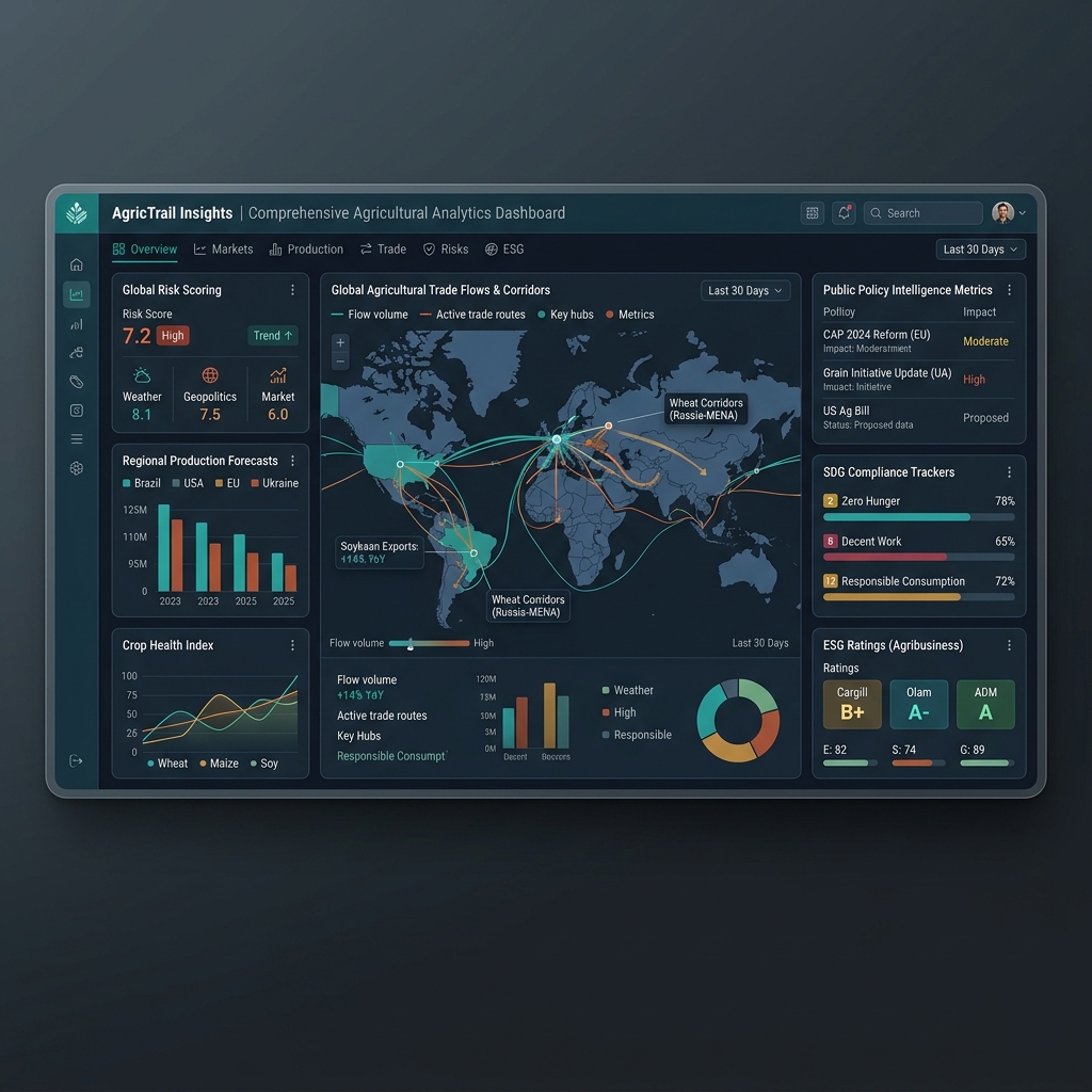 AgricTrail Insights dashboard showing agricultural analytics, trade performance, risk scoring, policy intelligence and impact data.