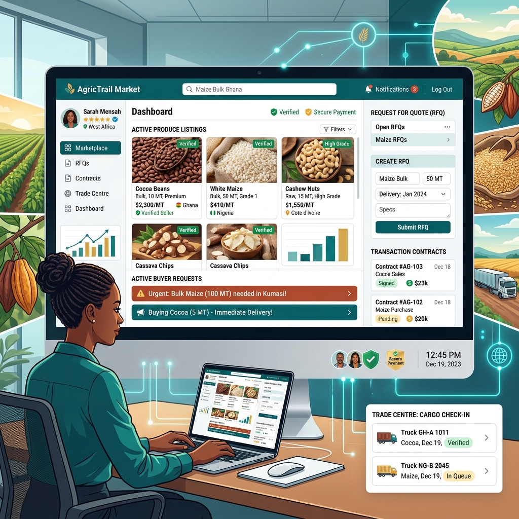 AgricTrail Market connecting verified farmers, cooperatives, aggregators, processors, exporters and buyers.