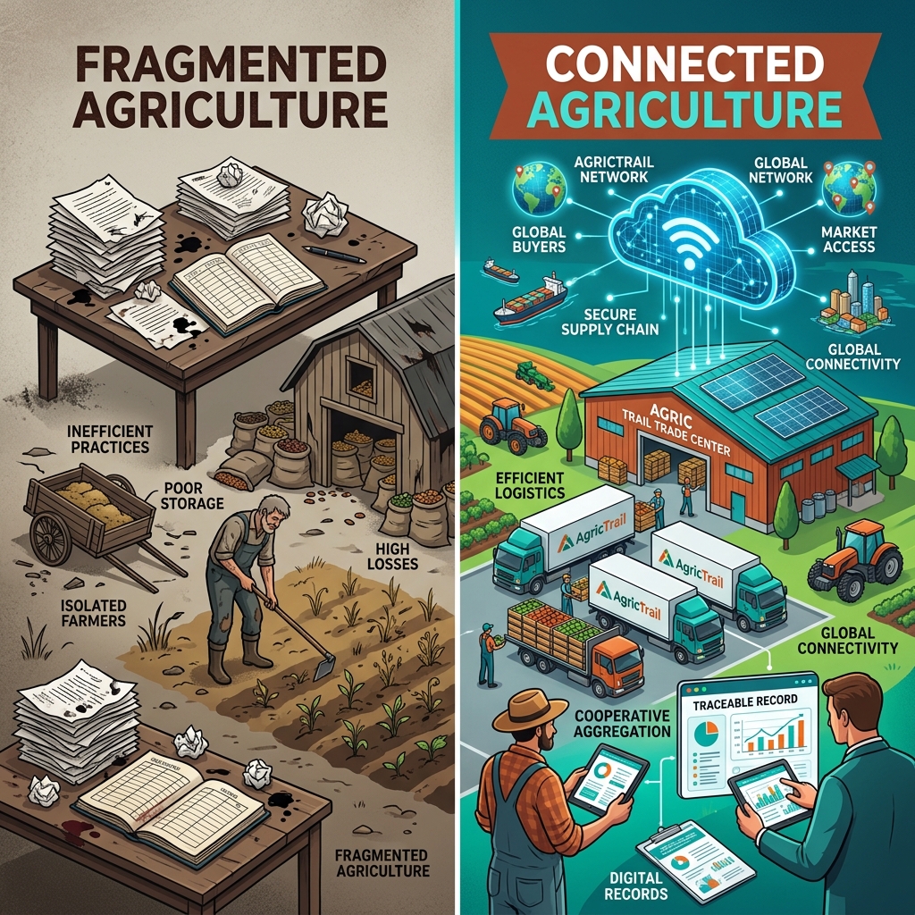 Split screen comparison: disconnected manual agriculture vs connected digital agriculture